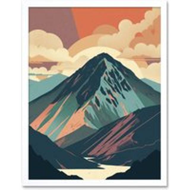 Wall Art Print Mountain Hill Sunrise Boho Landscape Art Framed - White - W12 inch x H16 inch