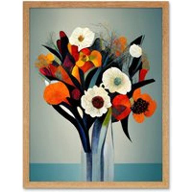 Wall Art Print Modern Abstract Winter Flower Floral Bouquet Orange Yellow Blue White Acrylic Paint Art Framed - Tan - W12 inch x H16 inch