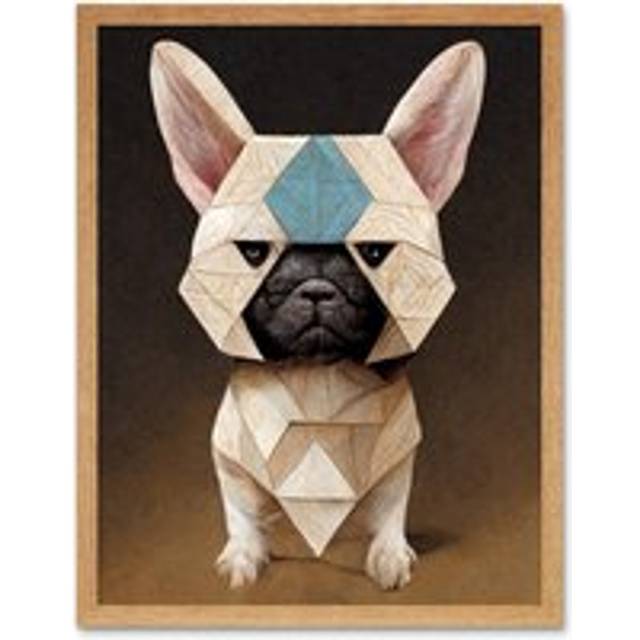 Wall Art Print French Bulldog Geometric Design Art Framed - Tan - W12 inch x H16 inch