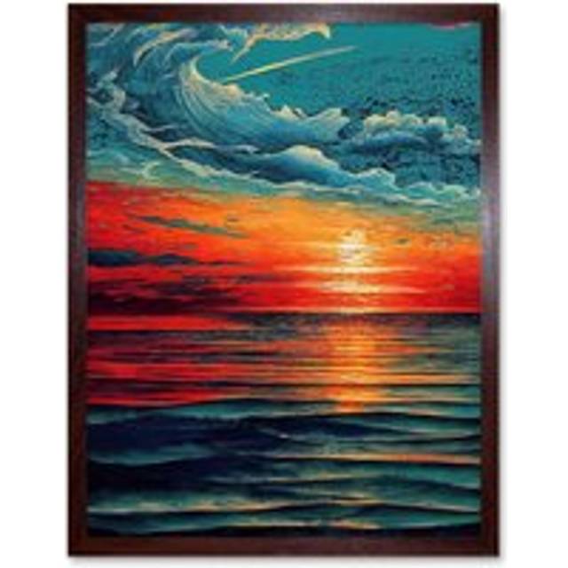 Wall Art Print Seascape Scarlet Sunrise Fiery Horizon Clouds Art Framed - Brown - W12 inch x H16 inch