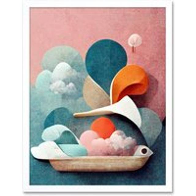 Wall Art Print Modern Boho Abstract Ship In Sky Clouds In Pastel Colours Toilet Art Framed - White - W12 inch x H16 inch