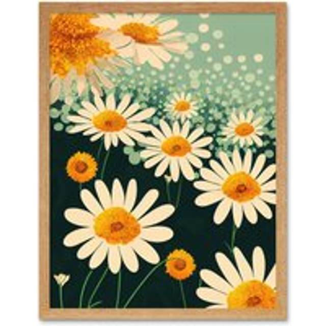 Wall Art Print Abstract Daisy Blossoms Flowers Art Framed - Tan - W12 inch x H16 inch
