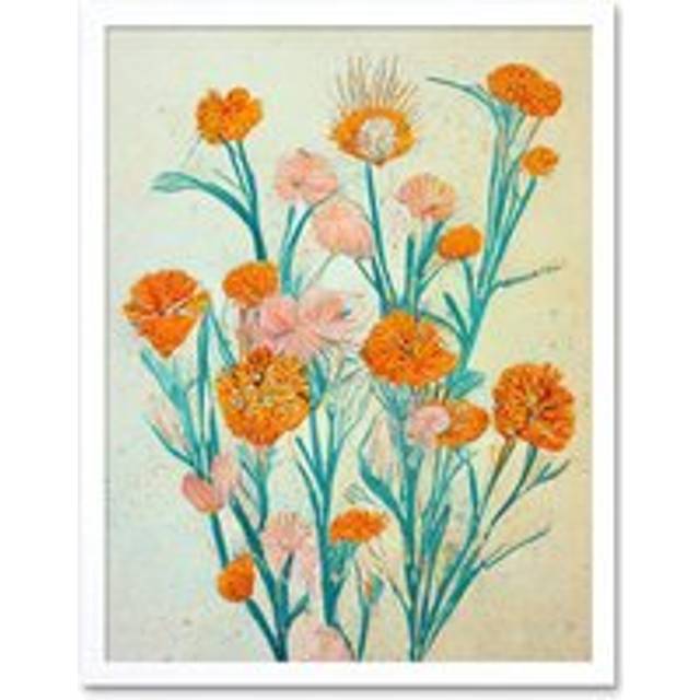 Wall Art Print Boho Marigold Flowers Teal Orange Painting Art Framed - White - W12 inch x H16 inch