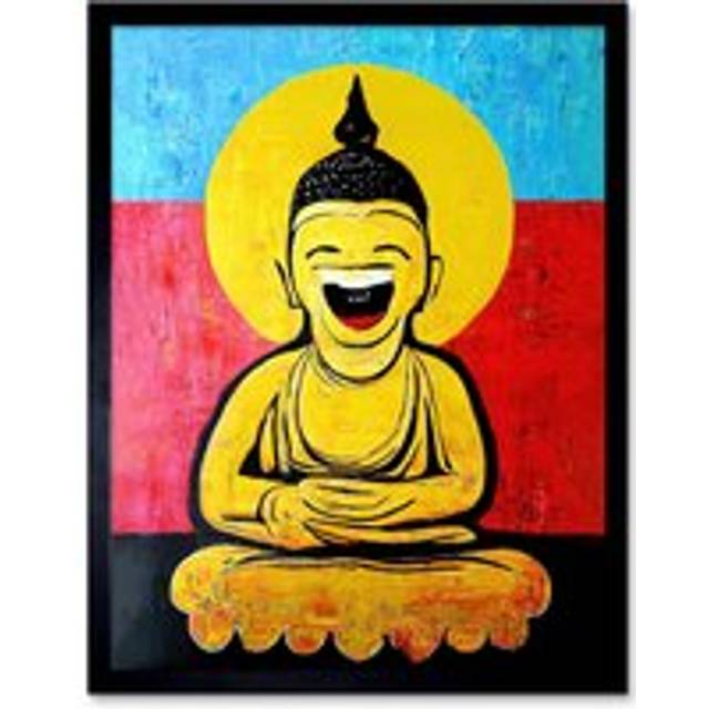 Wall Art Print Happy Buddha Fun Acrylic Art Framed - Black - W12 inch x H16 inch