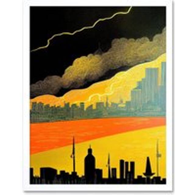 Wall Art Print Modern Black Yellow Orange Linocut London Skyline Cityscape Storm Lightning Art Framed - White - W12 inch x H16 inch