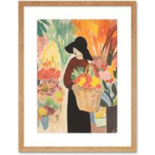 Wall Art Print At the Flower Market Danish Pastel Aesthetic Watercolour Painting Floral Bouquet Artwork Framed 9X7 Inch - Beige - W7 inch x H9 inch