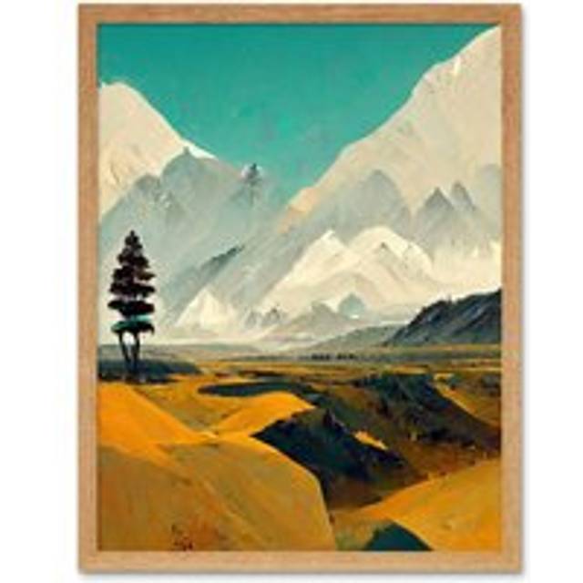 Wall Art Print Lone Tree Snowy Mountain Abstract Landscape Turquoise Mustard White Art Framed - Tan - W12 inch x H16 inch