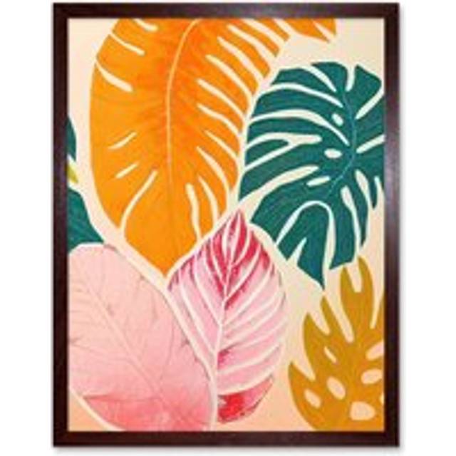 Wall Art Print Boho Monstera Leaf Orange Pink And Green Art Framed - Brown - W12 inch x H16 inch