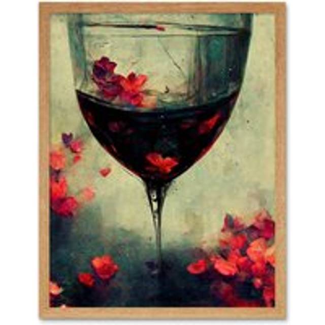 Wall Art Print Red Wine Glass And Pink Flowers Watercolour Art Framed - Tan - W12 inch x H16 inch