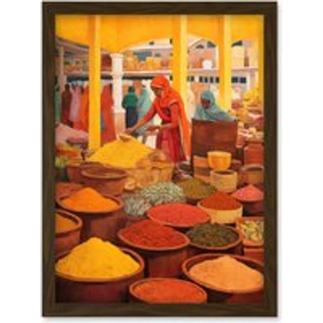 Wall Art Print The Spice Market Asian Herbs and Spices Colourful Kitchen Artwork Framed A4 - Brown - A4