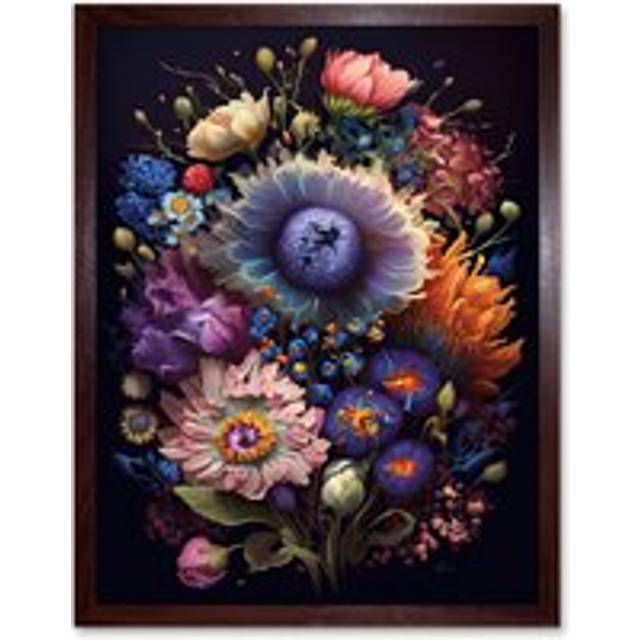 Wall Art Print Flower Bouquet Purple Pink Orange Floral Art Framed - Brown - W12 inch x H16 inch