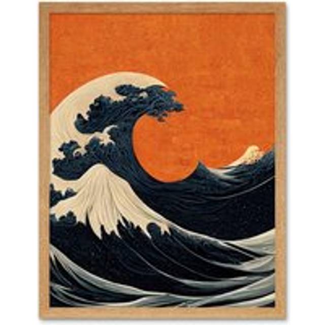 Wall Art Print Minimalist Orange Sunset Sky Modern Style Of Great Wave Off Kanagawa Art Framed - Tan - W12 inch x H16 inch