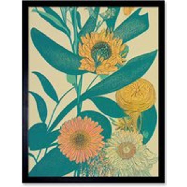 Wall Art Print Abstract Linocut Boho Hydrangea Flowers In Pastel Greens, Yellows Orange Art Framed - Black - W12 inch x H16 inch