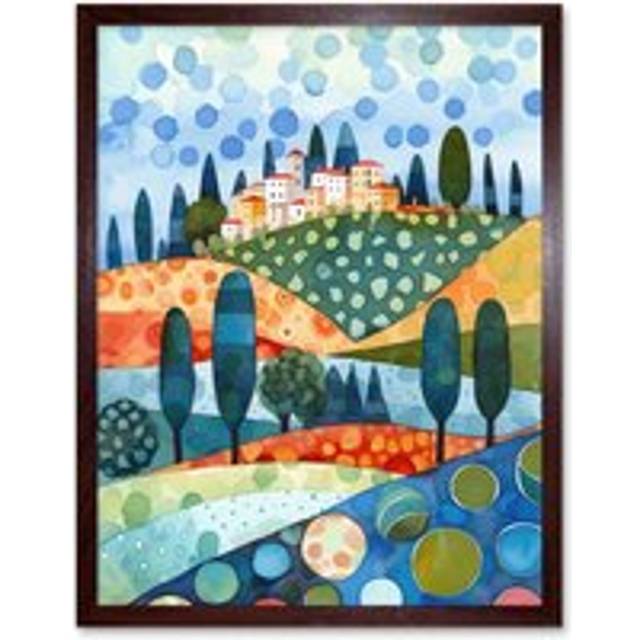 Wall Art Print Italian Abstract Landscape Folk Art Framed - Brown - W12 inch x H16 inch