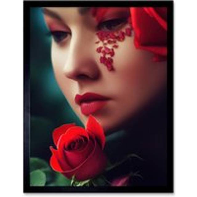 Wall Art Print Portrait Of Melancholic Woman With Red Roses Painting Art Framed - Black - W12 inch x H16 inch