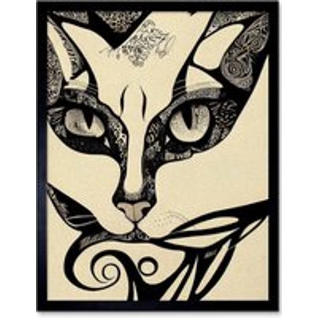 Wall Art Print Abstract Boho Portrait Cat Sketch Cat Tribal Intricate Art Framed - Black - W12 inch x H16 inch