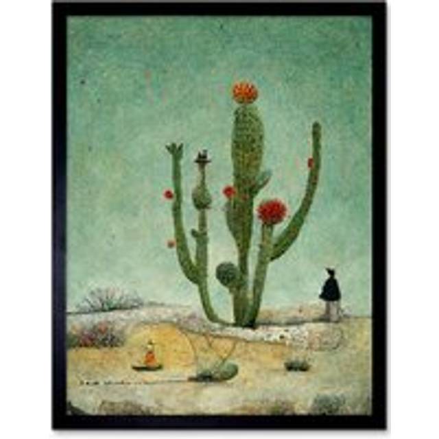 Wall Art Print Surreal Mexican Desert Cactus Cacti Landscape Art Framed - Black - W12 inch x H16 inch