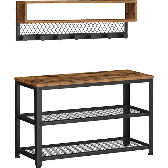 VASAGLE klädhängare och skobänk, 2-hyllad entréenhet, multifunktionell, rundade klädkrokar, industriell stil, för entré, hall, rustik brun LCR073K01