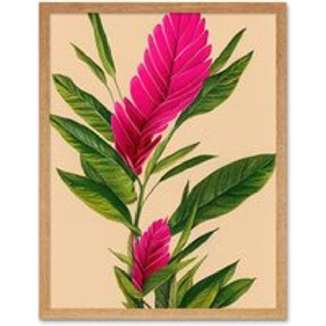 Wall Art Print Tropical Hawaiian Botanical Exotic Pink Floral Art Framed - W12 inch x H16 inch - Tan