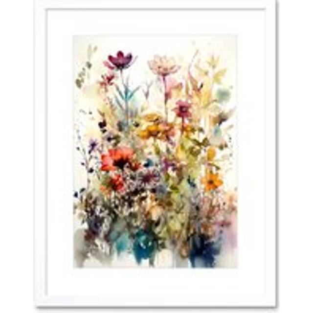 Wall Art Print Spring Wild Flowers Watercolour Colourful Floral Blooms Painting Artwork Framed 9X7 Inch - White - W7 inch x H9 inch
