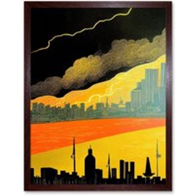 Wall Art Print Modern Black Yellow Orange Linocut London Skyline Cityscape Storm Lightning Art Framed - Brown - W12 inch x H16 inch