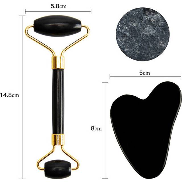 (a-A-Black-Set 1) Obsidian Stone Face Roller Natural Facial Massager Roller Thin Lift Beauty Health Gouache Scraper Eye Body Gua Sha Kit Skin Care
