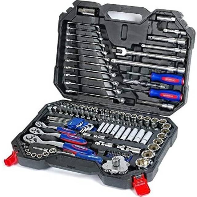 WORKPRO 123-Piece Drive Socket Set, 1/2", 1/4", 3/8" CR-V Mechanic Tool Set with Quick-Release Ratchet Wrench, Spanners, Bit Set, Hex Keys for Car and Home Repair