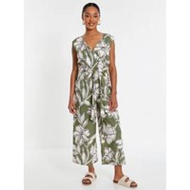 Quiz Womens Khaki Tropical Print Wrap Jumpsuit - Green Cotton - Size 10 UK