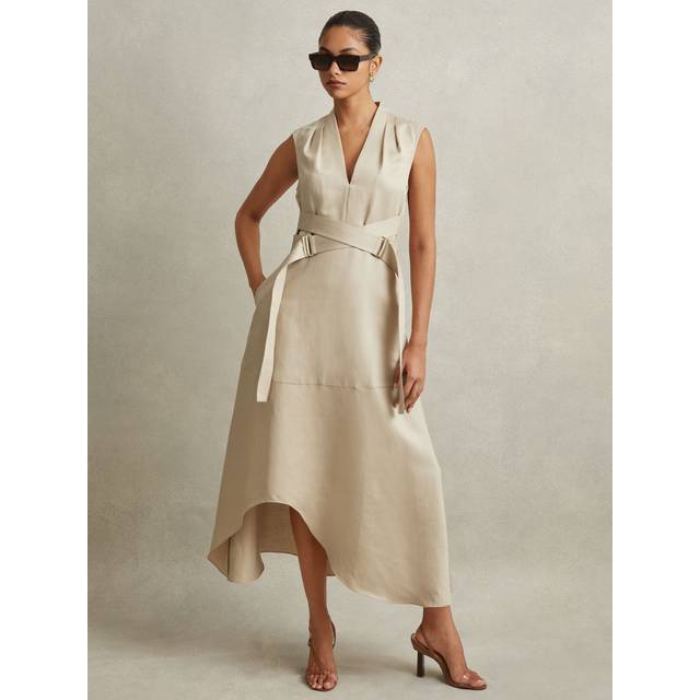 Reiss Womens Neutral Ava Belted-waist Dipped-hem Linen Midi Dress 8 - NEUTRAL