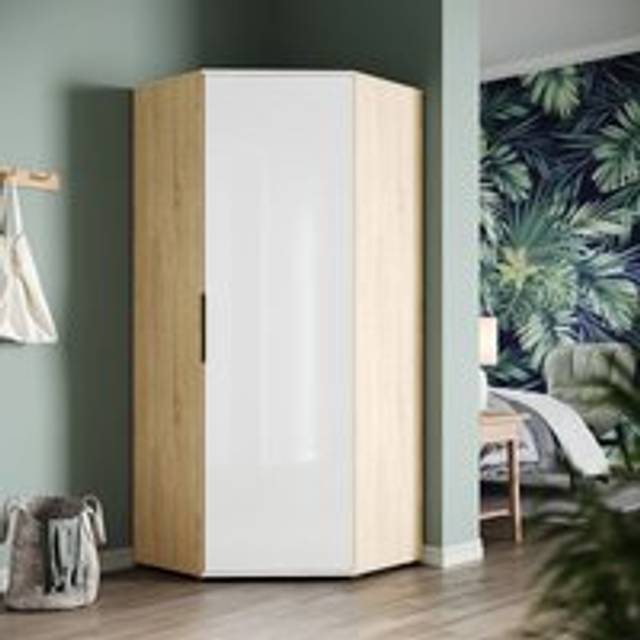 Elegant - Corner Wardrobe Modern White/Oak High Gloss Wardrobe 80x80x186cm Bedroom Closet Storage, Space Saving Design with 2 Hanging Rails and 5