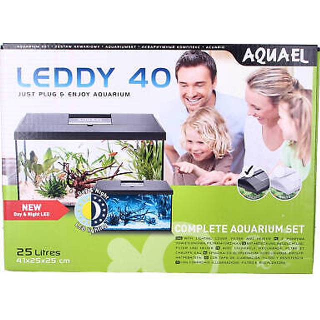 (Black) Aquael Leddy 40 Aquarium Filter LED Lighting Heater Starter Kit Fish Tank Glass