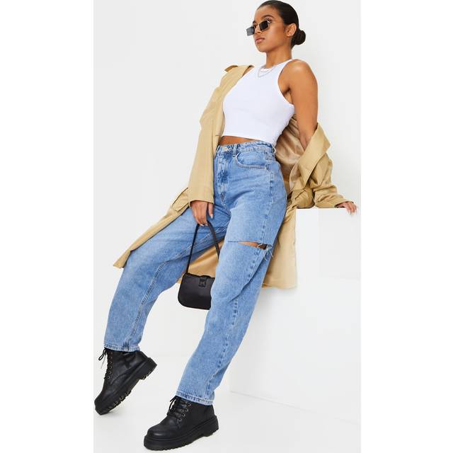 Mid Wash Thigh Split Baggy Boyfriend Jeans, Mid Blue Wash - 6