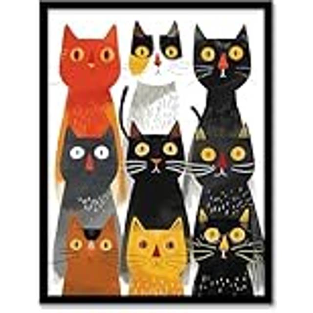 Wall Art Print Nine Cats 9 Quirky Fun Animals Cat Lover Art Framed Poster - Black - A4
