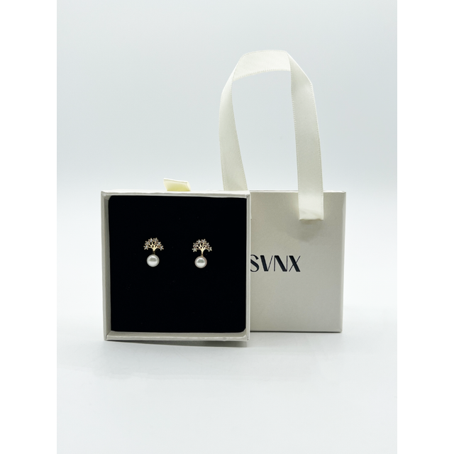 Womens Pearl Stud Earring with Diamante Tree in Gold - Metallics - One Size