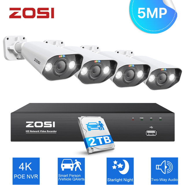 ZOSI 5MP POE CCTV System Bullet Camera Color Night Vision AI Detection