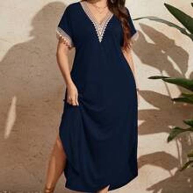 Plus Size Kvinnor Sommar Patchwork Spets Fåll Kortärmad Lång Klänning Maxi Kvinnor Outfit - Marinblå (0XL,1XL,2XL,3XL,4XL)