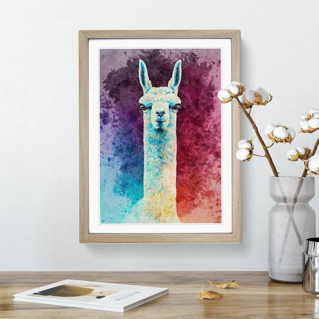 Llama Portrait - Picture Frame Graphic Art - Oak (34cm H x 25cm W x 2cm D)