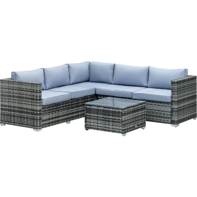 Outsunny 5-Seater Rattan Garden Furniture Sets Wicker Patio Conservatory Dining Set w/Corner Sofa Loveseat Coffee Table Cushions, Grey Aosom UK