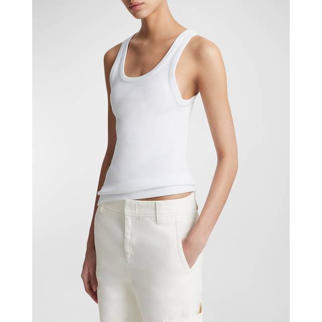 Ribbed Slim Fit Tank Top - Optic White - Inspired by the natural beauty of its hometown in California, Vince creates elevated timeless essentials that are designed to build a luxurious wardrobe that you can mix and match season after season. Uncomplicated and understated-- from silk skirts to cashmere sweaters, you're sure to create an effortless look that oozes enduring femininity.
