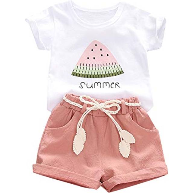 YOUNGER TREE Toddler Baby Girls Clothes Watermelon T-Shirt + Linen Shorts with Belt Cute Summer Short Set (Pink  12-18 M)