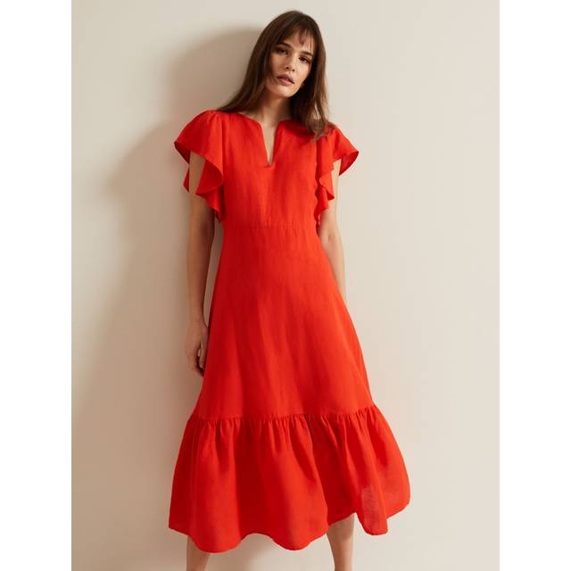 Phase Eight Morgan Linen Blend Tiered Midi Dress, Red