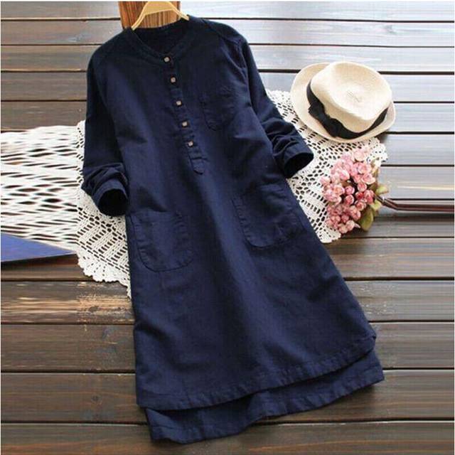 (Navy Blue, S) Womens Long Sleeve Collared Cotton Linen Pullover Dress Ladies Solid Shift Dress