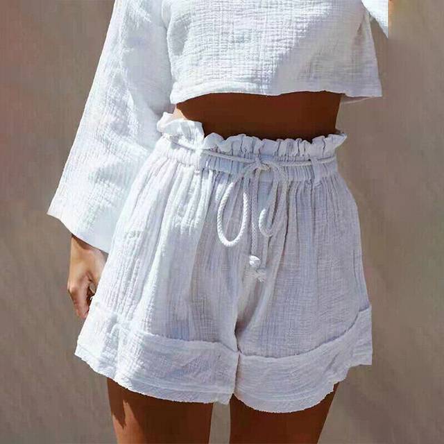 (White, M = UK Size 8-10) Womens Elastic Waist Cotton Linen Mini Shorts Ladies Wide Leg Short Pants Bottom