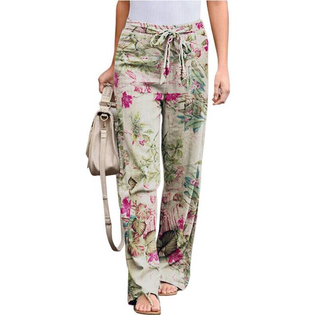 (Purple, Tag Size S=UK Size 6) Women's Drawstring Cotton Linen Long Pants Ladies Floral Palazzo Casual Trousers
