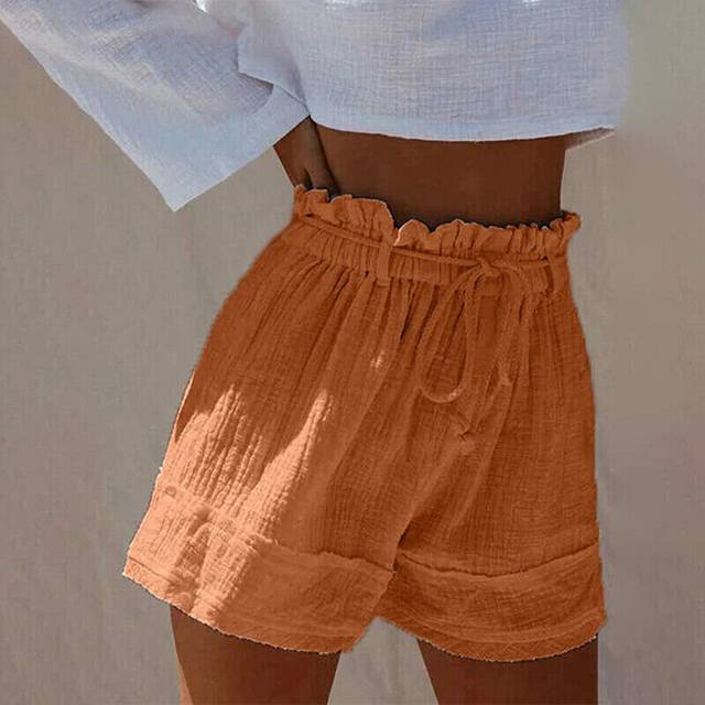 (Orange, 3XL = UK Size 18) Womens Elastic Waist Cotton Linen Mini Shorts Ladies Wide Leg Short Pants Bottom
