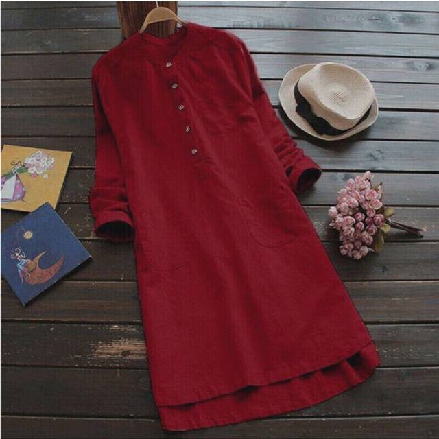 (Red, L) Womens Long Sleeve Collared Cotton Linen Pullover Dress Ladies Solid Shift Dress