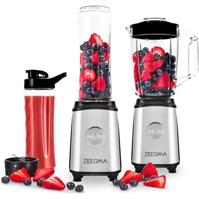 ZEEGMA Vitamin 4-i-1 multifunktionsmixer, 1050 W toppeffekt, smoothiemixer med 1 liters kanna, säkert lås, kaffekvarn, korsblad, 2 x 600 ml sportflaskor, metallhölje