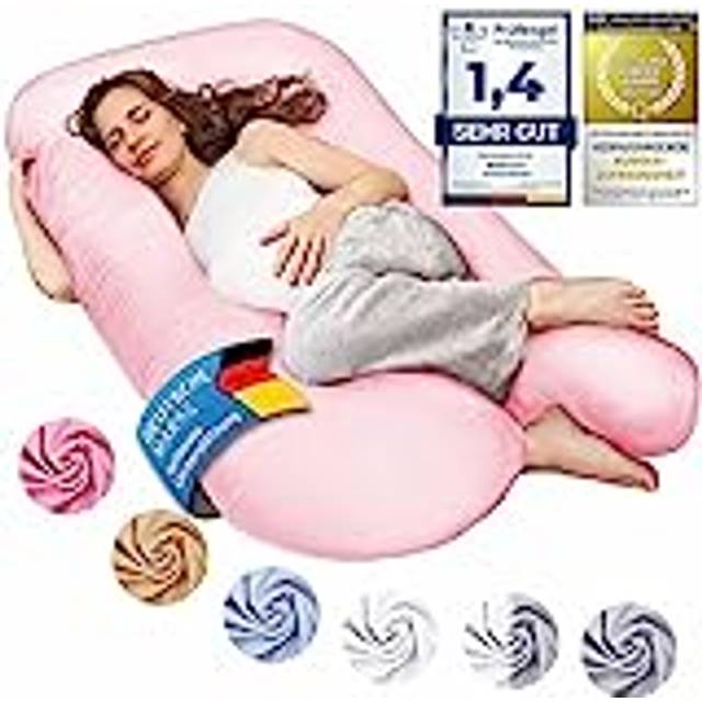 SMOOTHY Gravidkudde, sidosovkudde, kroppskudde, babykudde och amningskudde i U-form med avtagbart och tvättbart överdrag av 100% bomull (junior XL, 120 x 70 cm, rosa)
