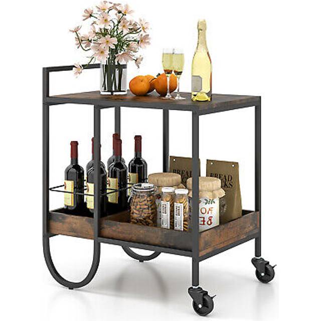 Rolling Buffet Serving Bar Cart with Removable Wine Rack-Rustic Brown