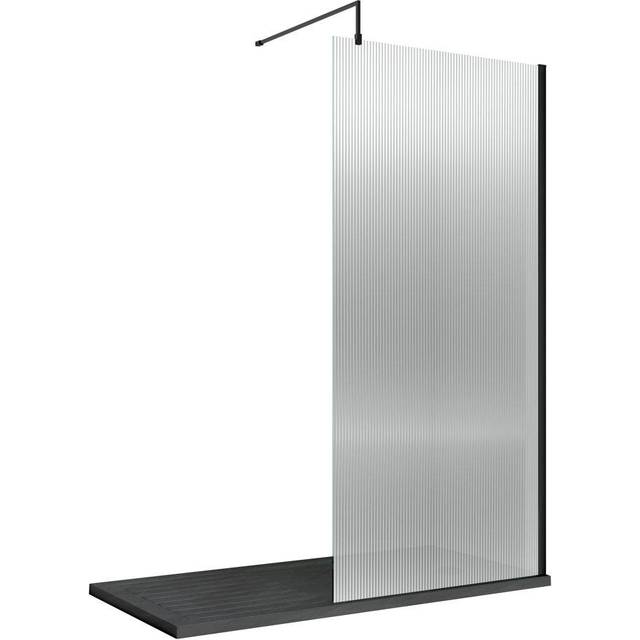 Nuie 800mm Fluted Wetroom Screen With Support Bar - Matt Black